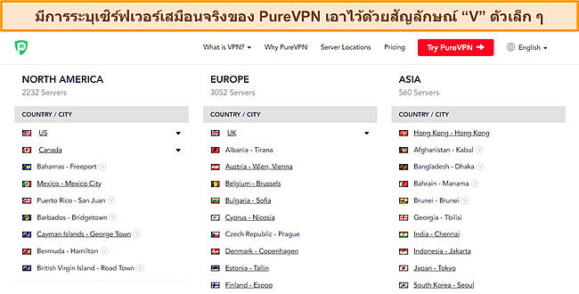 สกรีนช็อตของรายการเซิร์ฟเวอร์ทั้งหมดของ PureVPN ซึ่งแสดงสัญลักษณ์ 