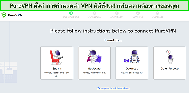 สกรีนช็อตของตัวเลือกการติดตั้งแบบกำหนดเองของ PureVPN สำหรับการใช้งาน VPN ที่แตกต่างกัน