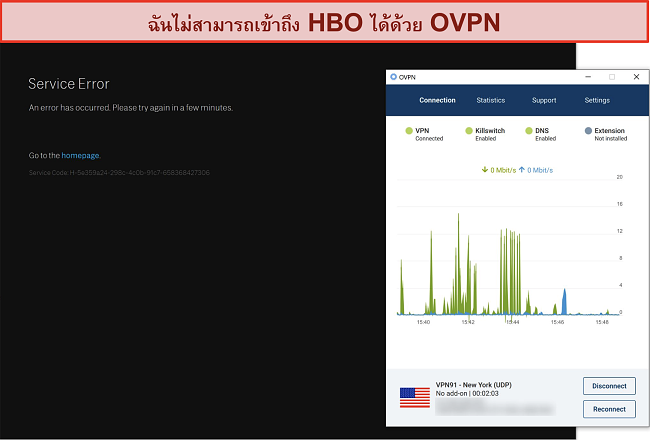 ภาพหน้าจอของ OVPN ถูกบล็อกโดย HBO