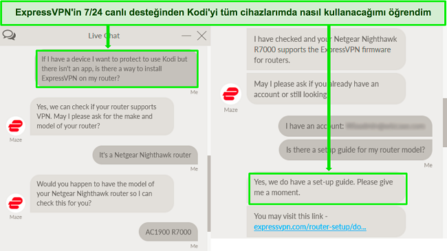 Kodi ile çalışmak için bir yönlendiricide ExpressVPN kullanma hakkında ExpressVPN'in canlı sohbet desteğiyle yapılan bir alışverişin ekran görüntüsü