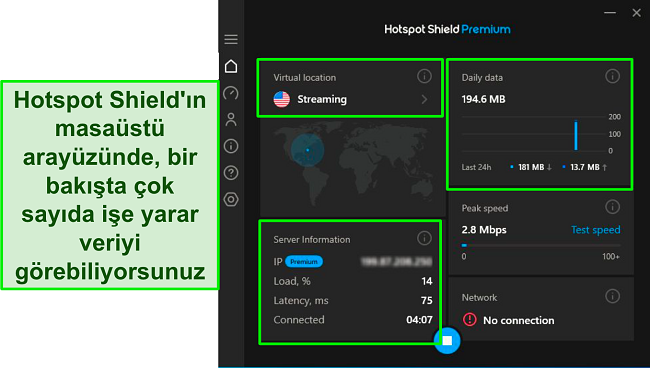 ABD'deki akış sunucusuna bağlandıktan sonra Hotspot Shield'in Windows arayüzünün ekran görüntüsü