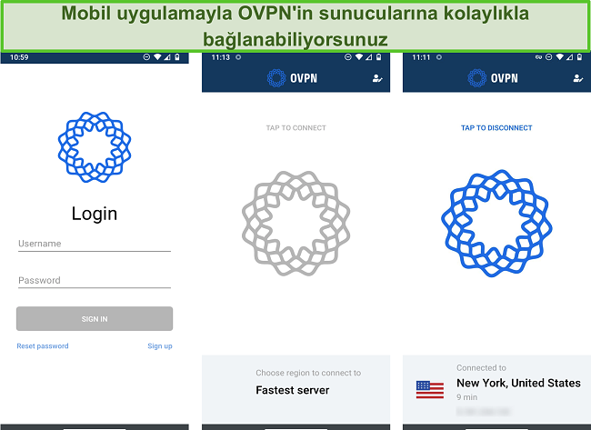 OVPN'nin mobil cihazlarda oturum açma işleminin ekran görüntüsü