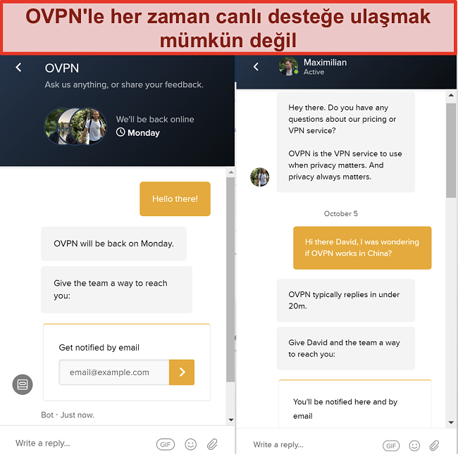 OVPN için sınırlı canlı sohbet desteğinin ekran görüntüsü