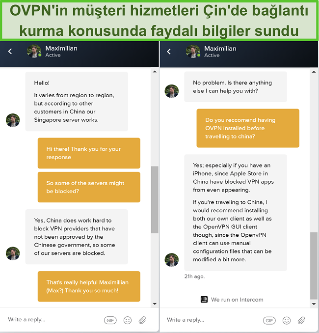 Sunucuların Çin'de çalışıp çalışmadığı hakkında OVPN ile canlı sohbetin ekran görüntüsü