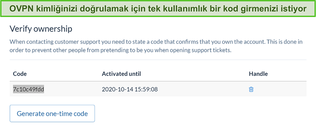 Abonelik iptal işlemi sırasında kimliği doğrulamak için OVPN'nin tek seferlik kodunun ekran görüntüsü