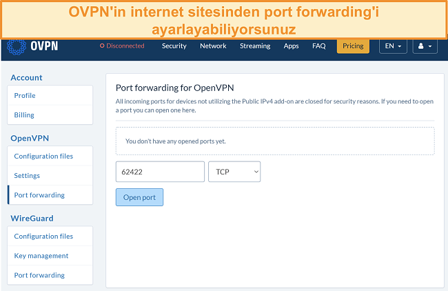 OVPN'de bağlantı noktası yönlendirme seçeneğinin ekran görüntüsü