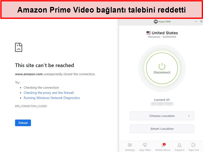 HideIPVPN bağlantısını reddeden Amazon Prime Video ekran görüntüsü.