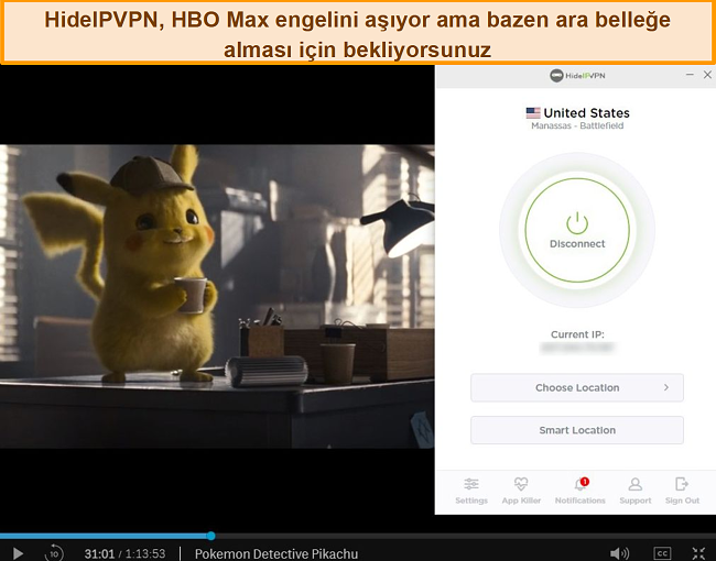 Pokemon Detective Pikachu yayını yapan, HBO Max engelini kaldıran HideIPVPN'in ekran görüntüsü.