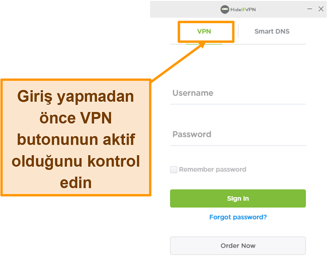 Masaüstü için HideIPVPN giriş ekranının ekran görüntüsü.