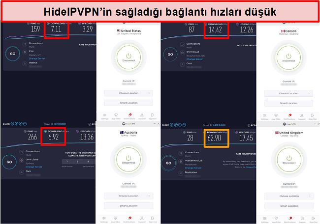 HideIPVPN hız testlerinin ekran görüntüsü 4 sunucu konumunda.