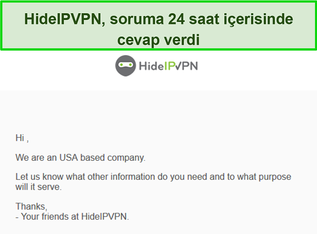 HideIPVPN'in e-posta desteğinin ekran görüntüsü.