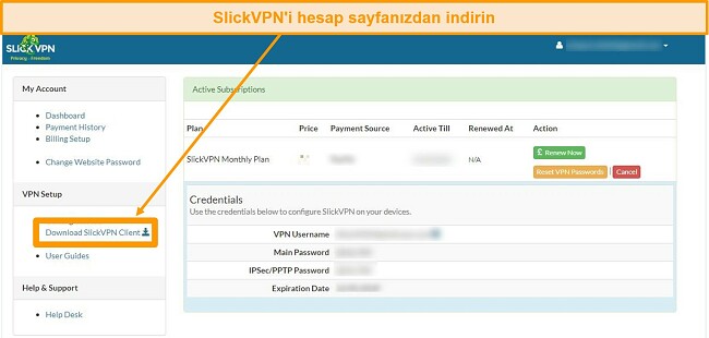 İndirme seçeneğiyle SlickVPN hesabının ekran görüntüsü
