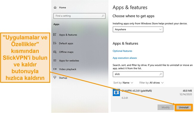 Uygulamalar ve Özellikler menüsünden SlickVPN'in nasıl kaldırılacağını gösteren ekran görüntüsü.