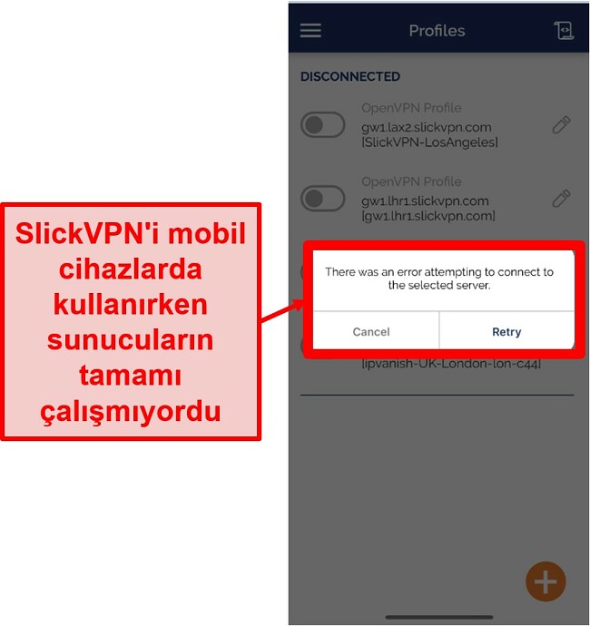 SlickVPN'in mobil uygulamasındaki tüm sunuculara bağlanamadığını gösteren ekran görüntüsü