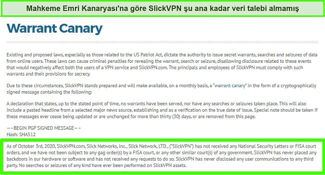 SlickVPN'in Warrant Canary bildiriminin ekran görüntüsü