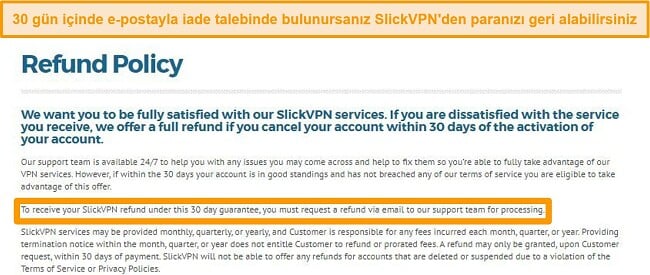 SlickVPN'in iade politikasının ekran görüntüsü