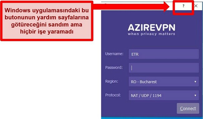 AzireVPN'in kullanıcı arayüzünün ana ekranının ekran görüntüsü