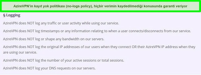 AzireVPN'in sıfır kayıt politikasının ekran görüntüsü