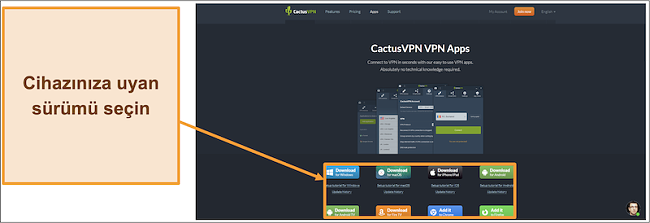 Web sitesinden istediğiniz CactusVPN sürümünü nereden indireceğinizi gösteren ekran görüntüsü