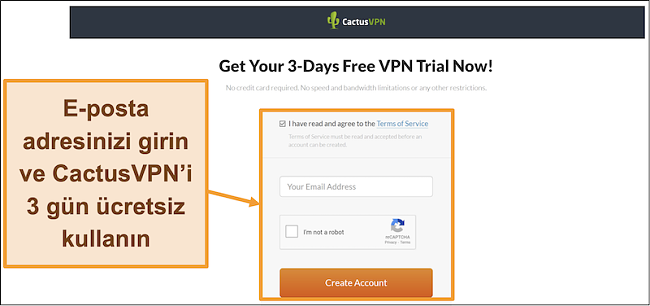 Ücretsiz CactusVPN denemesine nasıl kaydolacağınızı gösteren ekran görüntüsü