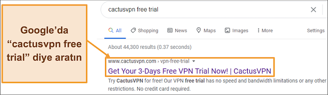 Google'da CactusVPN ücretsiz deneme sürümünü nasıl bulacağınızı gösteren ekran görüntüsü