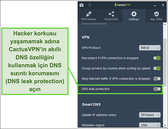 DNS sızıntı korumasının nasıl etkinleştirileceğini gösteren ekran görüntüsü