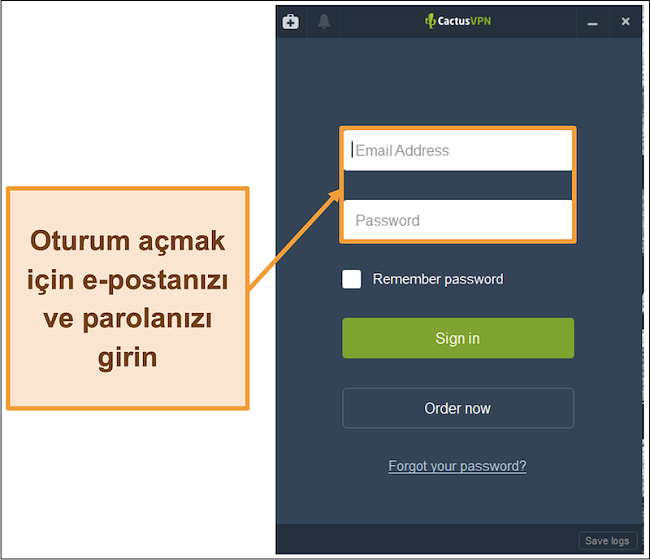 CactusVPN istemcisinde oturum açma ekranını gösteren ekran görüntüsü