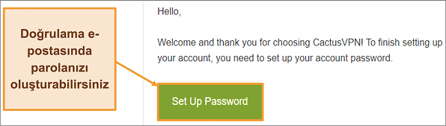 Hesabınız için bir şifre oluşturmak için CactusVPN'den gelen onay e-postasını gösteren ekran görüntüsü