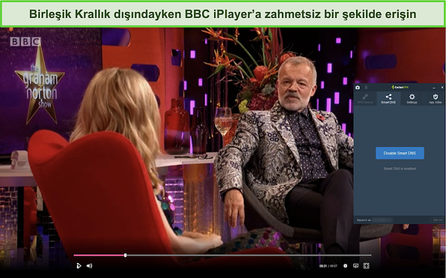 Graham Norton Show ekran görüntüsü, CactusVPN bağlıyken BBC iPlayer'da başarılı bir şekilde yayınlanıyor