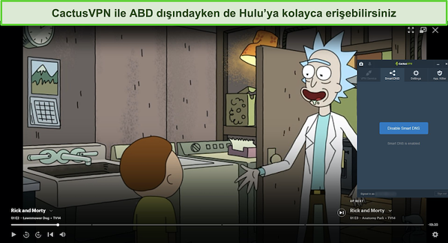 Rick and Morty'nin ekran görüntüsü, CactusVPN bağlıyken Hulu'da başarılı bir şekilde yayınlanıyor