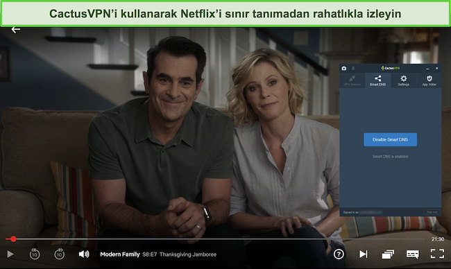 Modern Ailenin ekran görüntüsü, CactusVPN bağlıyken Netflix'te başarıyla yayın yapıyor