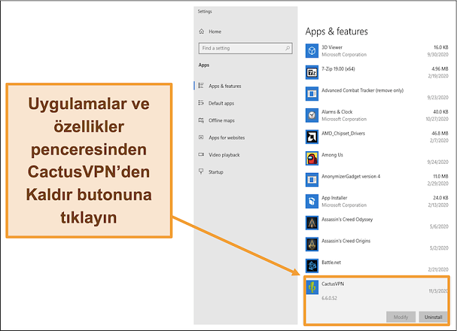 Uygulamalar ve özellikler menüsünden CactusVPN'i kaldırma işleminin nasıl başlatılacağını gösteren ekran görüntüsü