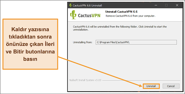 Kaldırma sihirbazından CactusVPN'i kaldırmanın nasıl tamamlanacağını gösteren ekran görüntüsü