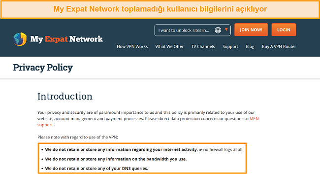 My Expat Network gizlilik politikasının ekran görüntüsü