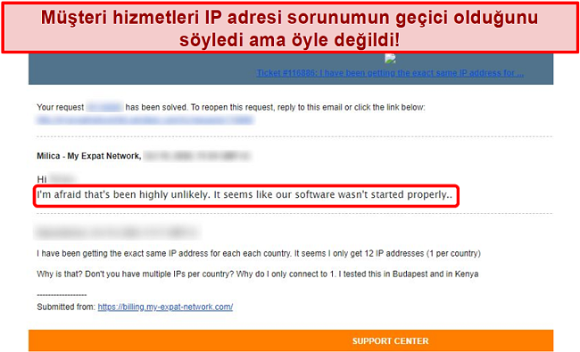 Bir IP adresi sorunu için açıklama sağlayan Expat Network e-posta yanıtımın ekran görüntüsü