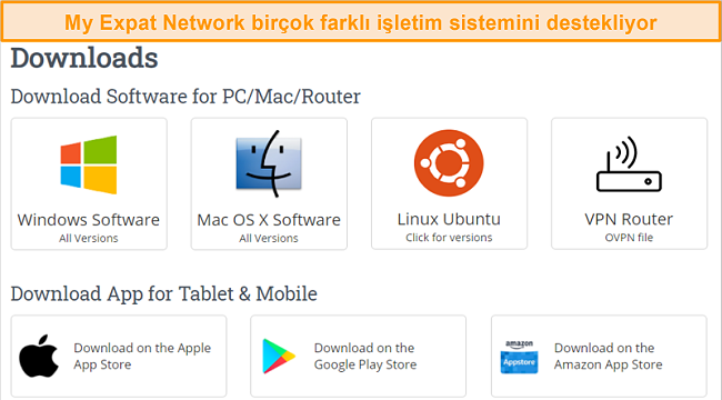 My Expat Network'ün desteklenen platformlar seçiminin ekran görüntüsü