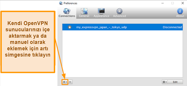 OpenVPN sunucularının nasıl ekleneceğini gösteren Viscosity uygulamasının ekran görüntüsü
