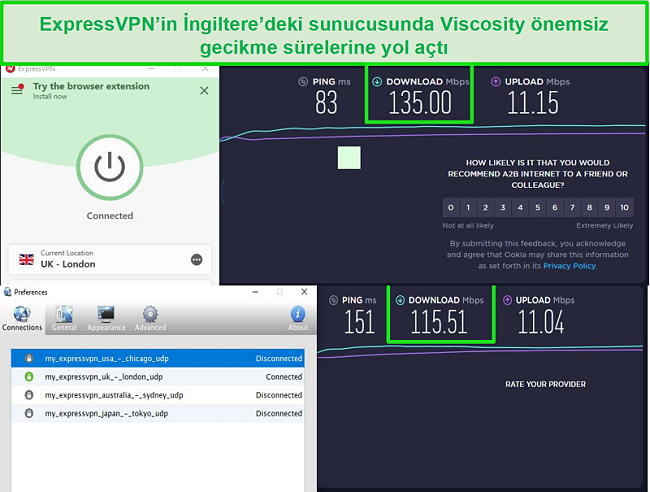 Screenshot of speed test results while connected to Express VPN's UK servers through both Viscosity and ExpressVPN