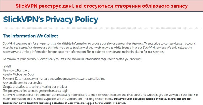 Знімок екрана політики конфіденційності SlickVPN