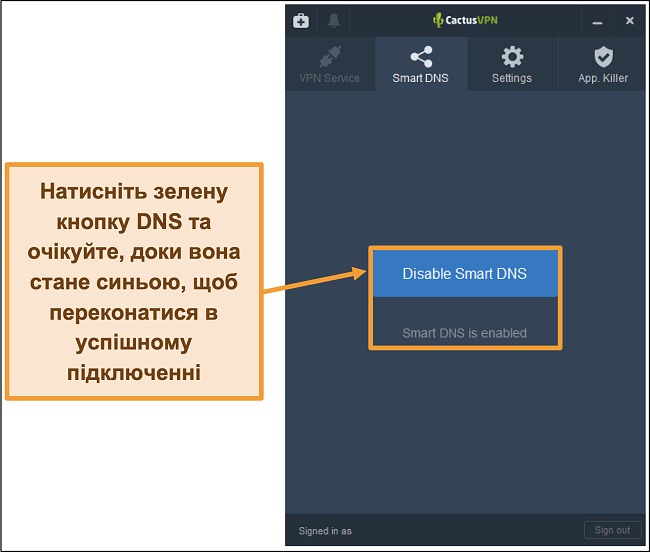 Знімок екрана інтерфейсу CactusVPN, який показує, як увімкнути розумний DNS