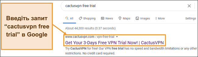 Знімок екрана, на якому показано, як знайти безкоштовну пробну версію CactusVPN у Google
