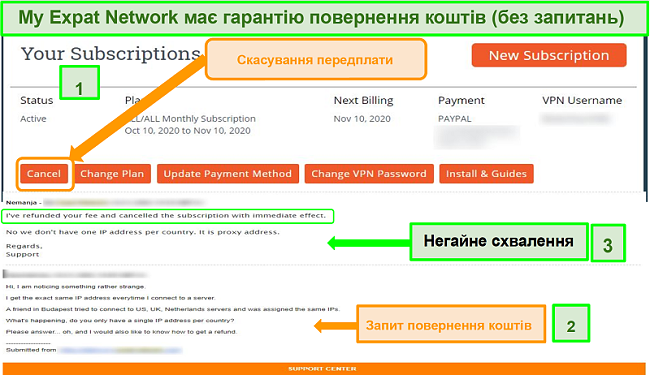 Знімок екрану процесу відшкодування коштів My Expat Network