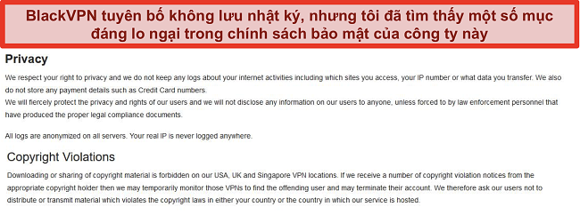 Ảnh chụp màn hình của phần Quyền riêng tư và Vi phạm bản quyền trong Điều khoản dịch vụ của BlackVPN
