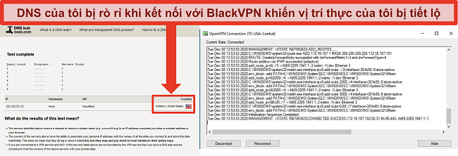 Ảnh chụp màn hình kiểm tra rò rỉ DNS không thành công trong khi BlackVPN được kết nối với máy chủ ở Hoa Kỳ