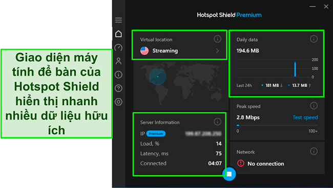 Ảnh chụp màn hình giao diện Windows của Hotspot Shield sau khi kết nối với máy chủ phát trực tuyến ở Mỹ