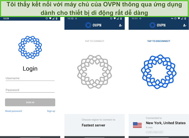 Ảnh chụp màn hình quy trình đăng nhập của OVPN trên thiết bị di động