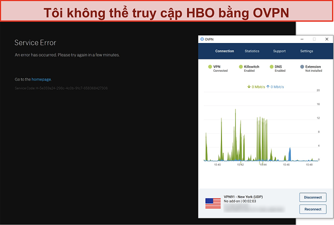 Ảnh chụp màn hình OVPN bị HBO chặn