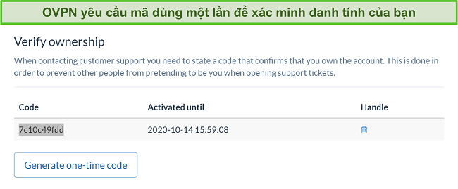 Ảnh chụp màn hình mã một lần của OVPN để xác minh danh tính trong quá trình hủy đăng ký