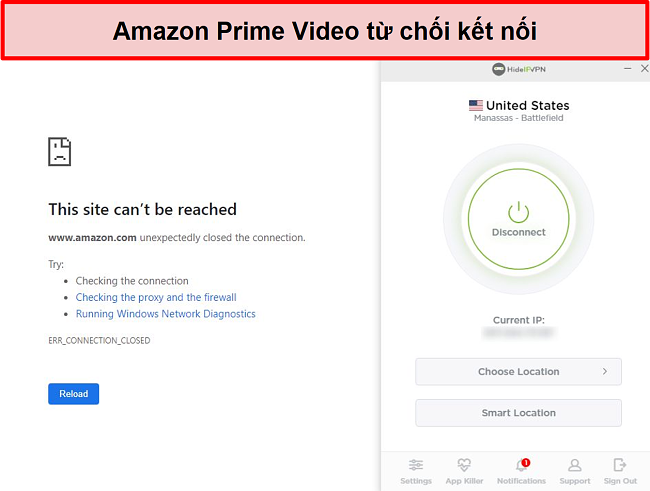 Ảnh chụp màn hình Amazon Prime Video từ chối kết nối HideIPVPN.
