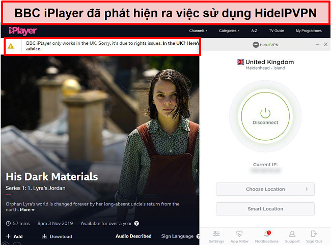 Ảnh chụp màn hình của lỗi BBC iPlayer phát hiện bạn không ở Vương quốc Anh.